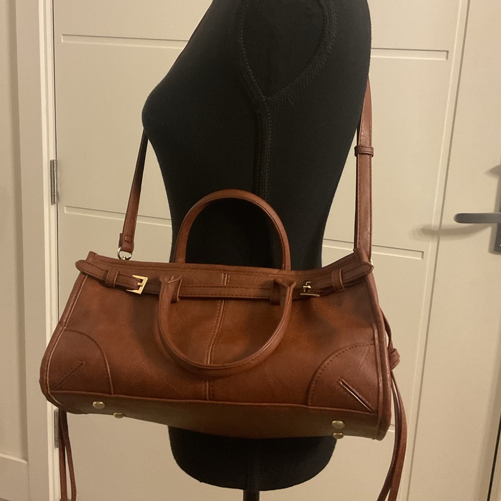 Chic Brown Faux Leather with detachable Straps and top handle bag .